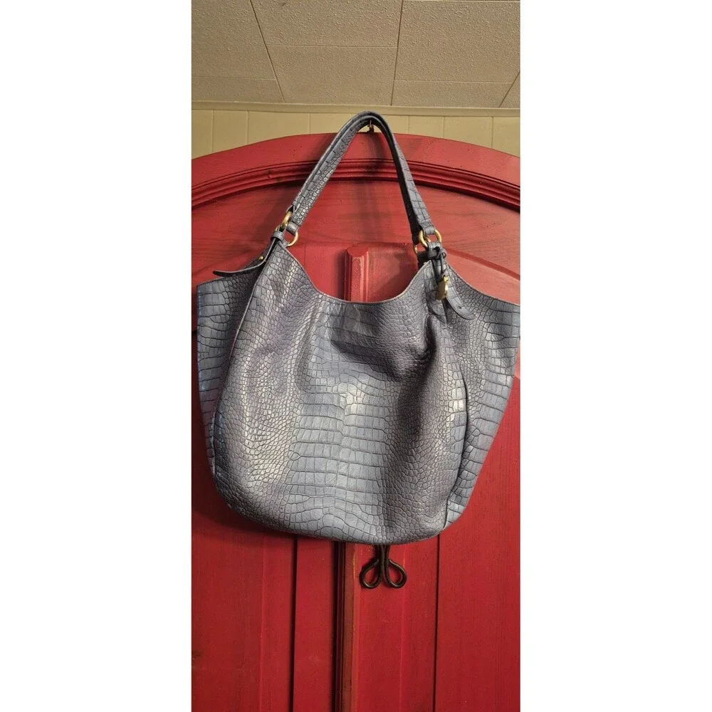Brahmin Jacqueline Large Hobo Periwinkle Blue Melbourne Croc Leather Bag EUC